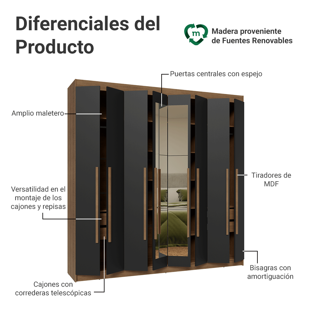 Closet Venus 8 Puertas 4 Cajones 2 Espejos MarrónNegro