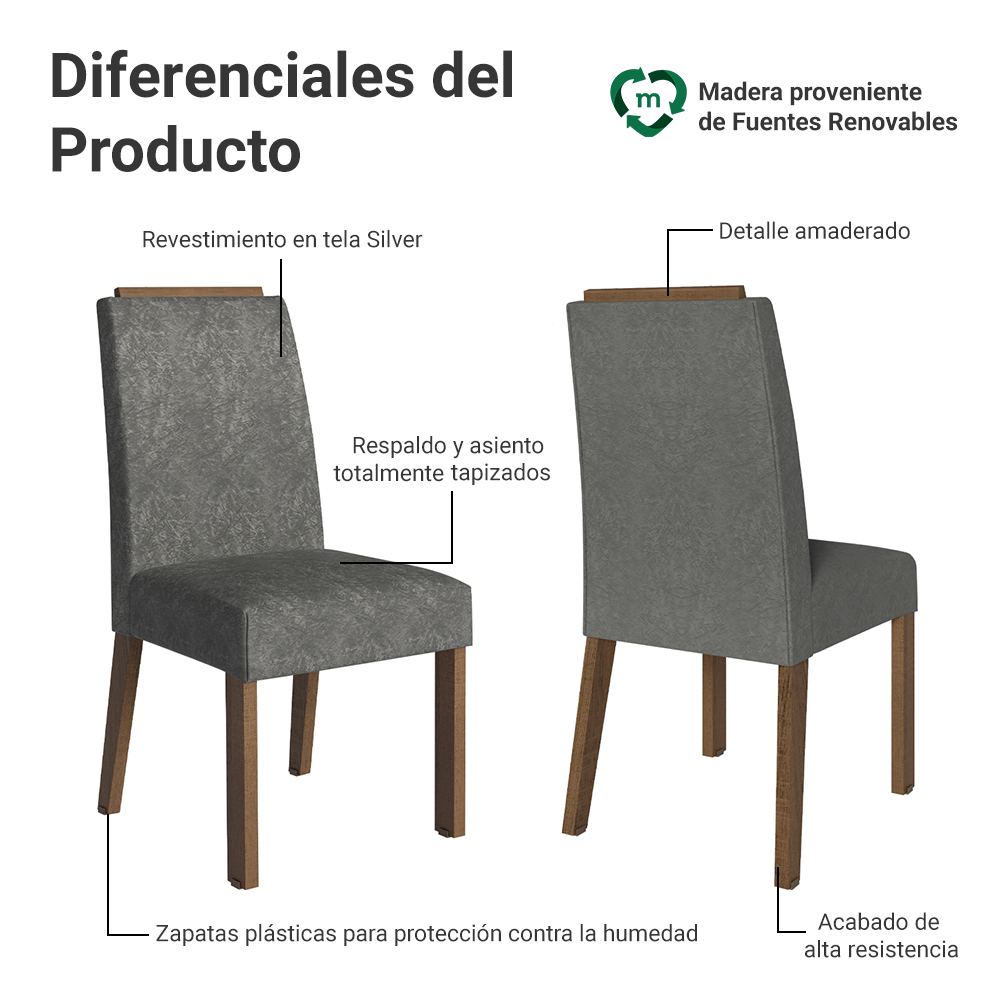 Kit 2 Sillas de Comedor Madesa 4255 Silver con Borde Superior MarrónPlateado