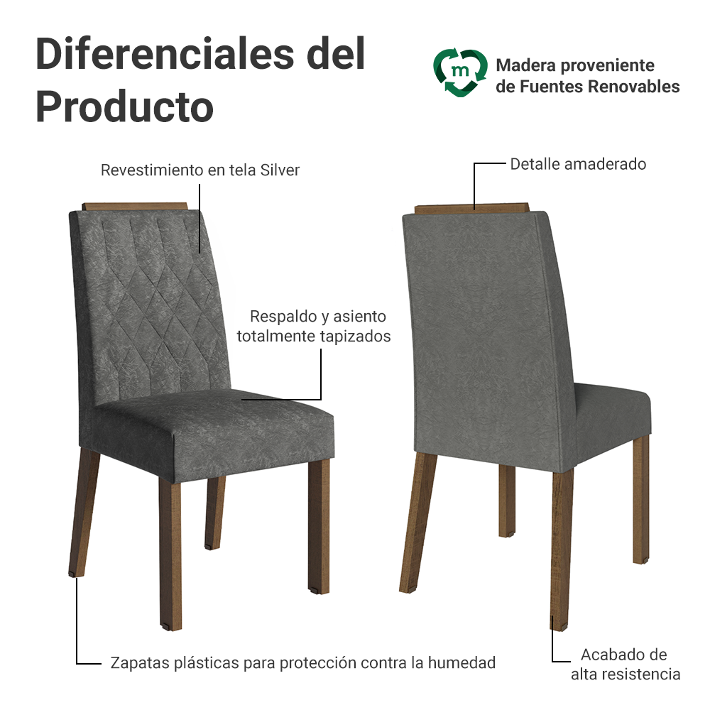 Kit 2 Sillas de Comedor Madesa 4256 Silver con Borde Superior MarrónPlateado