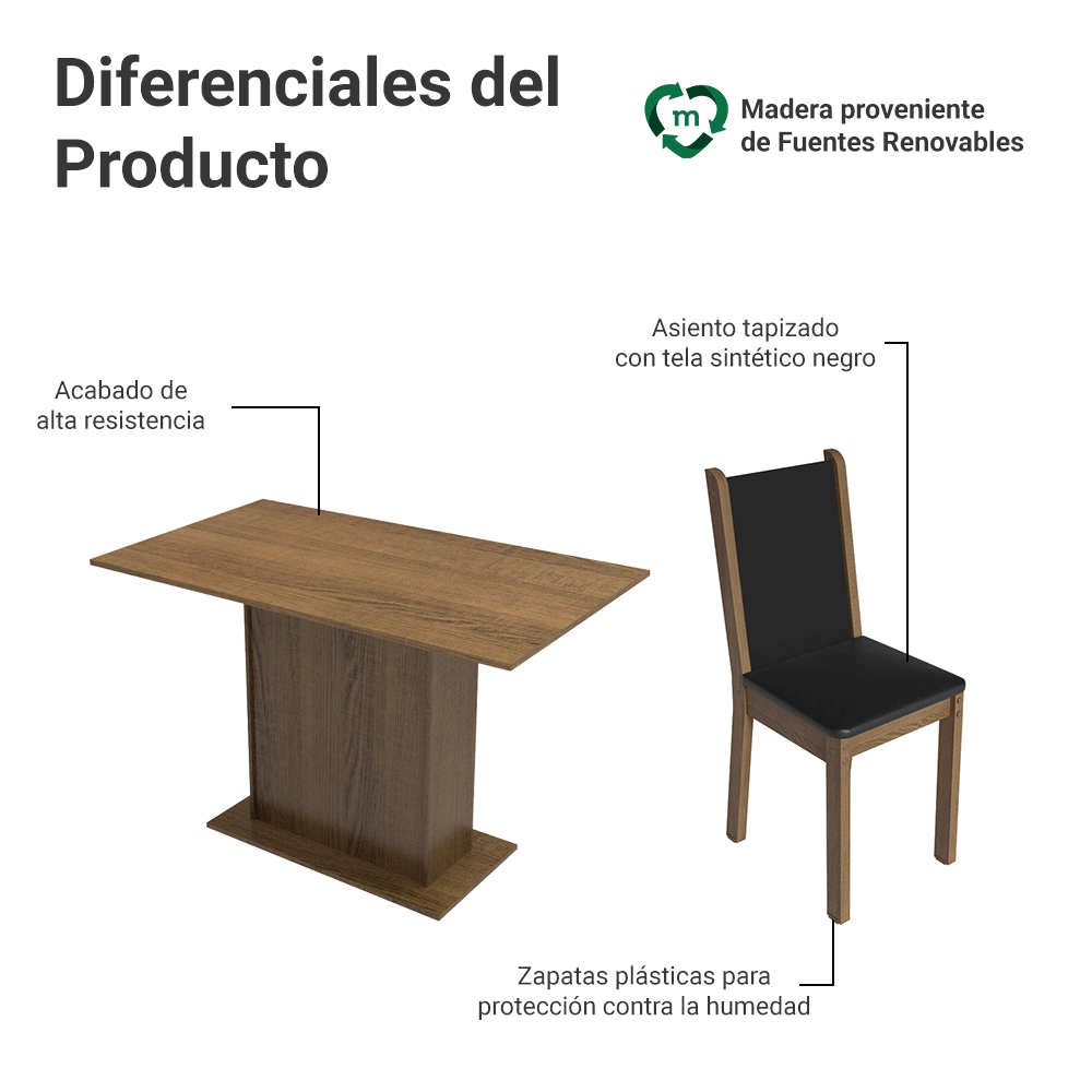 Juego de Comedor Tina con 4 Sillas Marrón/Negro
