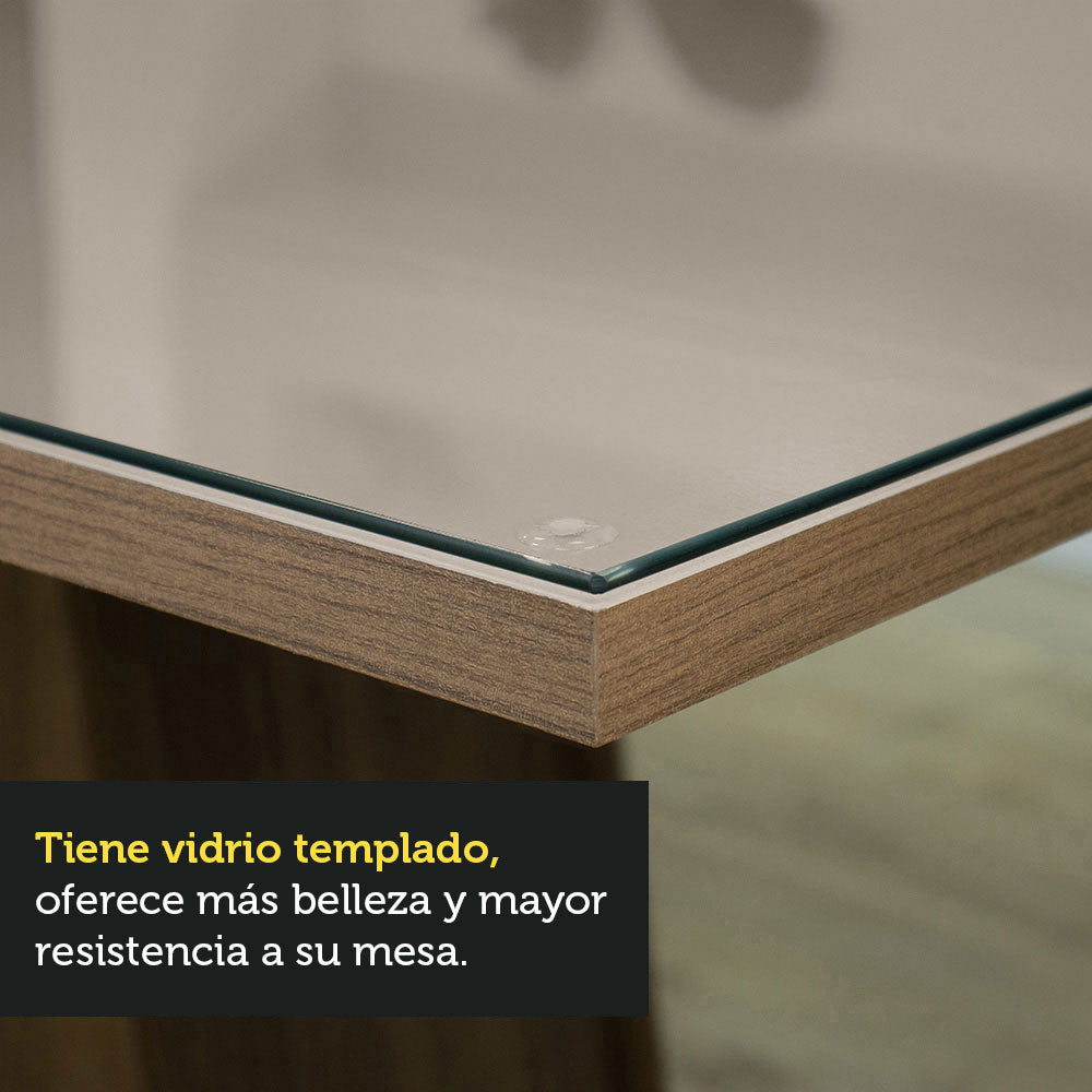 Mesa de Comedor Rectangular 6 Puestos con Tablero de Madera y Cristal