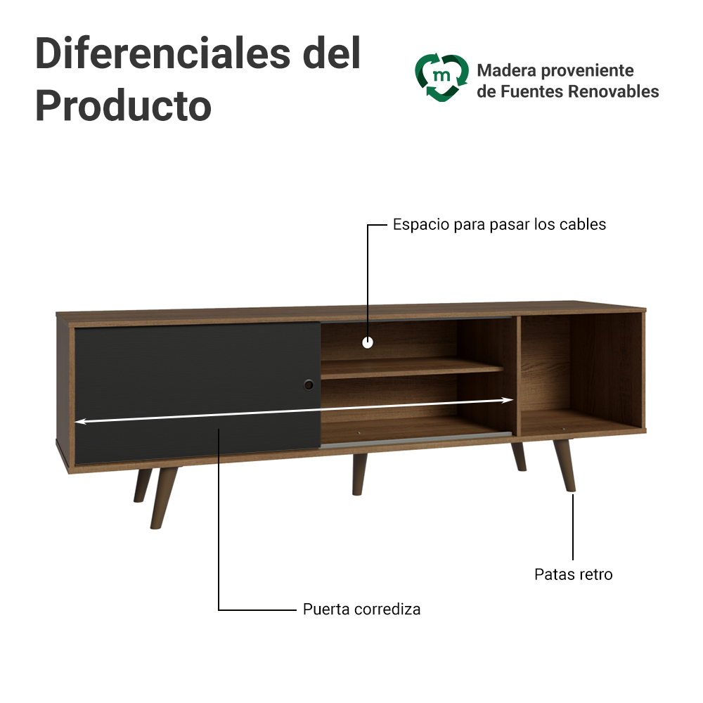 Centro de Entretenimiento Mesa para TV Dubai Hasta 65 Pulgadas Marrón/Negro (Patas Marrón)