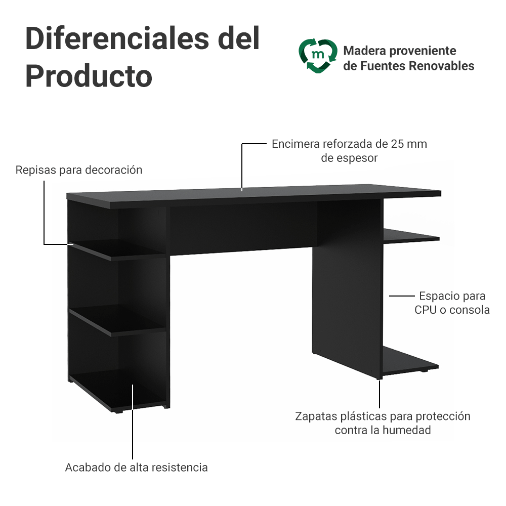 Escritorio Gamer Moderno para PC y Consola Negro