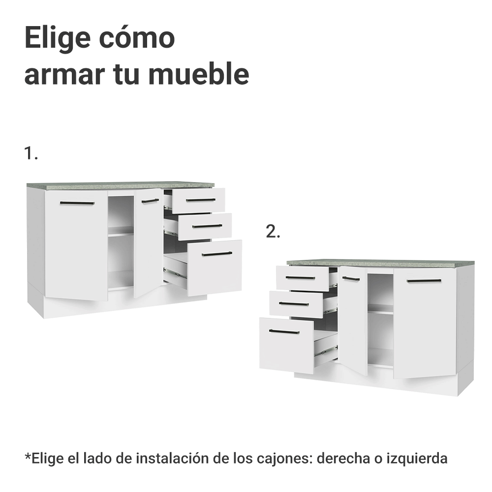 Mueble de Cocina Bajo Agata 1.20 m 2 Puertas 3 Cajones con Encimera Blanco
