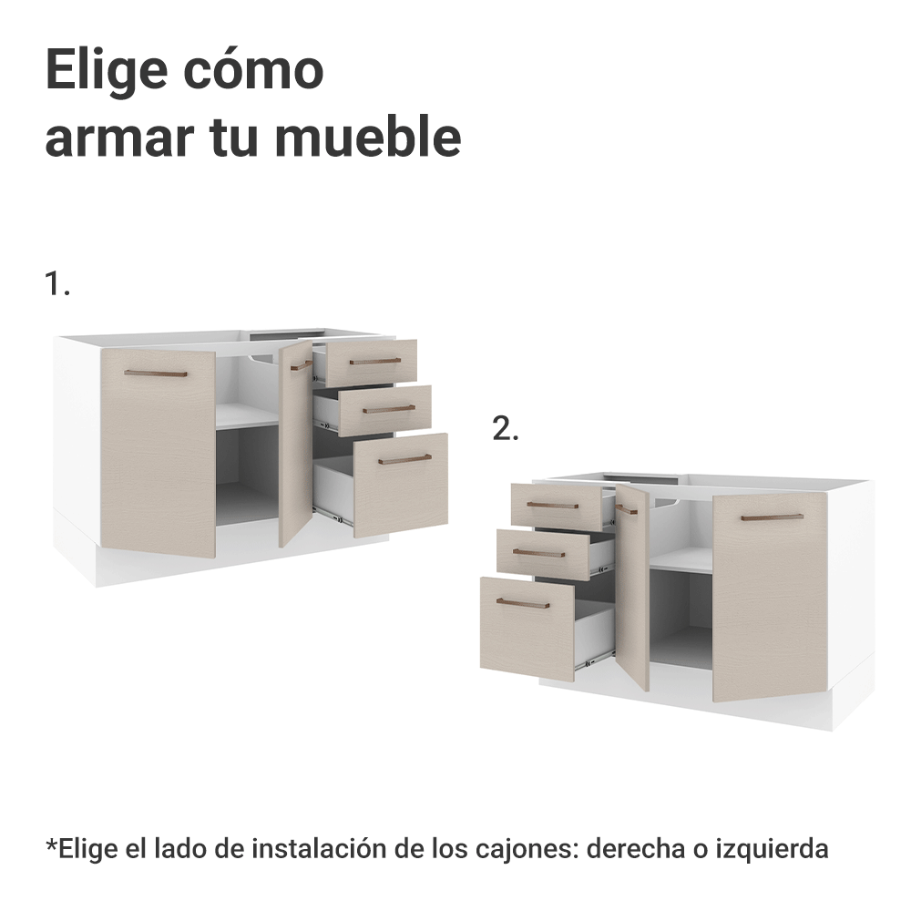 Mueble de Cocina Bajo Agata 1.20 m 2 Puertas 3 Cajones Blanco/Crema