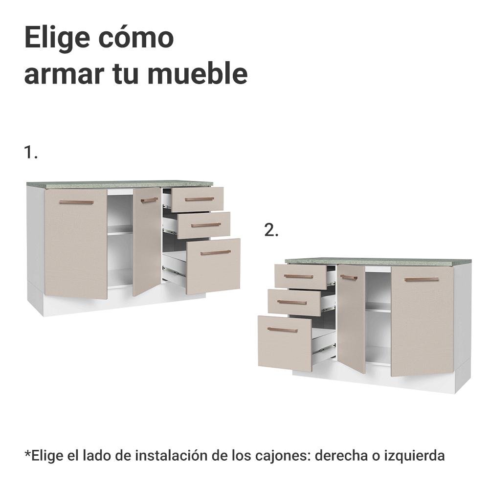 Mueble de Cocina Bajo Agata 1.20 m 2 Puertas 3 Cajones con Encimera Blanco/Crema