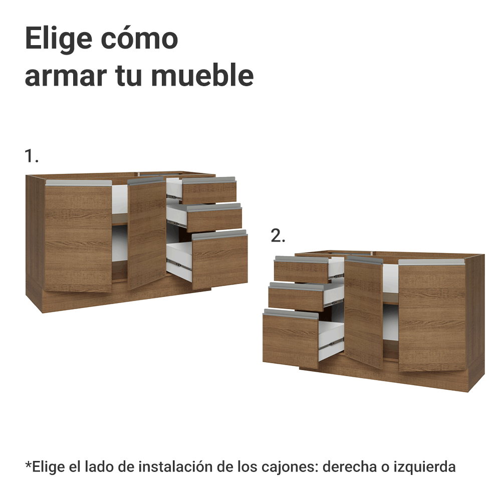 Mueble de Cocina Bajo Glamy 1.20 m 2 Puertas 3 Cajones Marrón