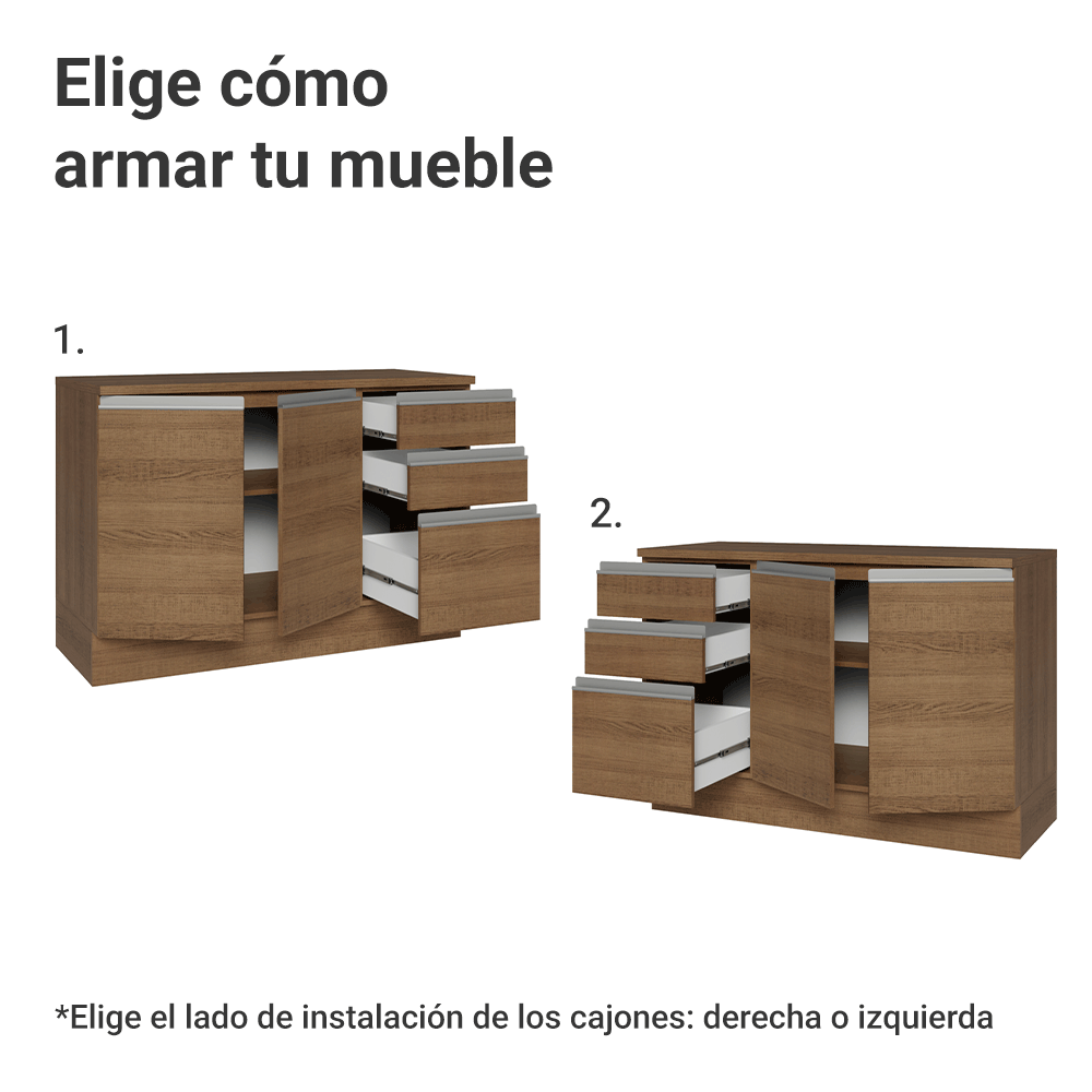 Mueble de Cocina Bajo Glamy 1.20 m 2 Puertas 3 Cajones con Encimera Marrón