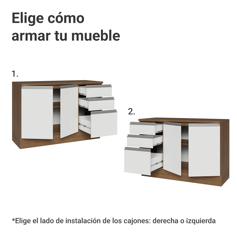 Mueble de Cocina Bajo Glamy 1.20 m 2 Puertas 3 Cajones con Encimera Marrón/Blanco