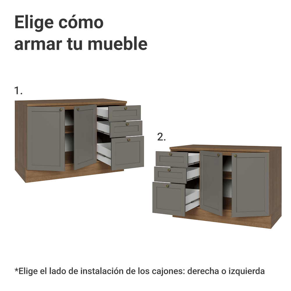 Mueble de Cocina Bajo Vik 1.20 m 2 Puertas 3 Cajones con Encimera Marrón/Gris