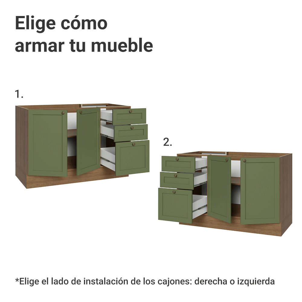 Mueble de Cocina Bajo Vik 1.20 m 2 Puertas 3 Cajones MarrónVerde