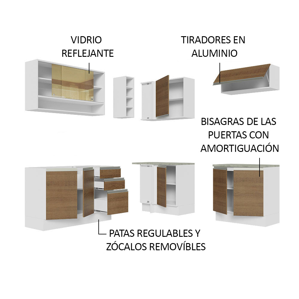Cocina Integral de Esquina Glamy 3.50 m con Mesón de Acero Blanco/Marrón 02