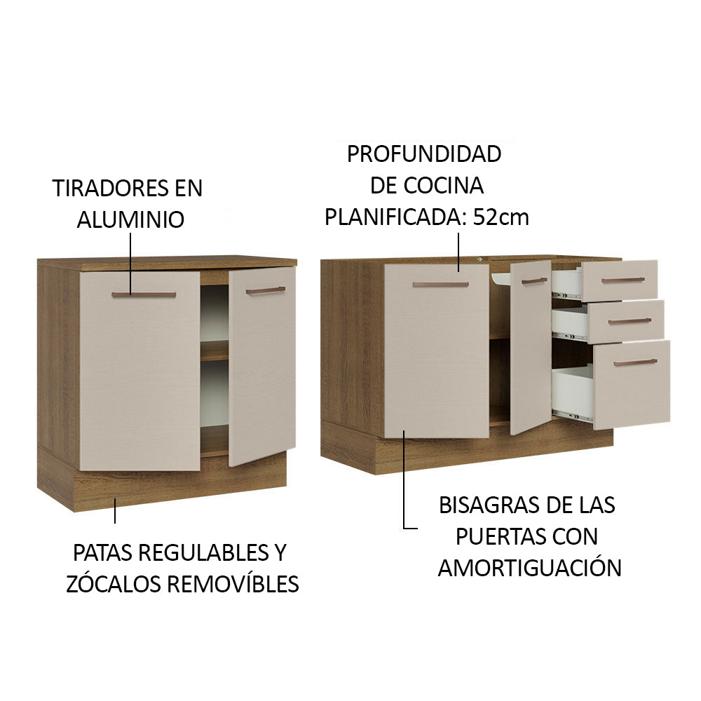 Kit 2 Muebles de Cocina Bajo Agata 2.00 Metros Marrón/Crema