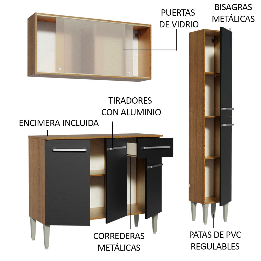 Cocina Integral Emilly 137 cm Force 02 Marrón/Negro Madesa