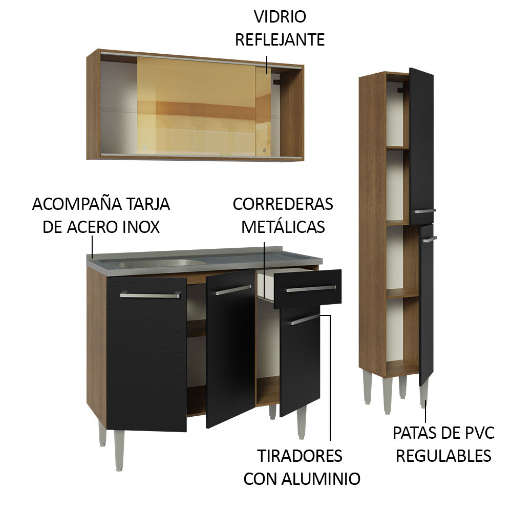 Cocina Integral Emilly 137 cm con Mesón de Acero 08 Marrón/Negro Madesa