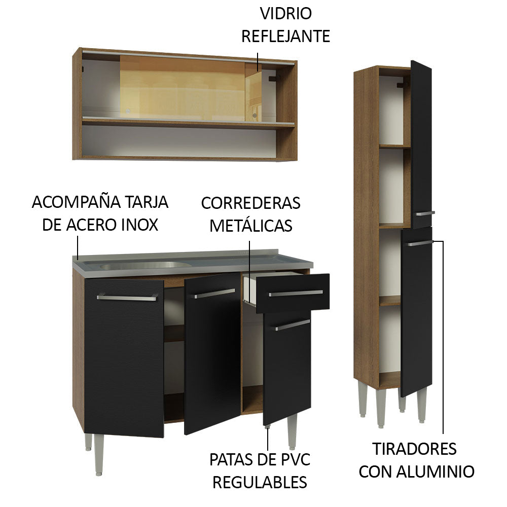 Cocina Integral Emilly 137 cm con Mesón de Acero 10 Marrón/Negro Madesa