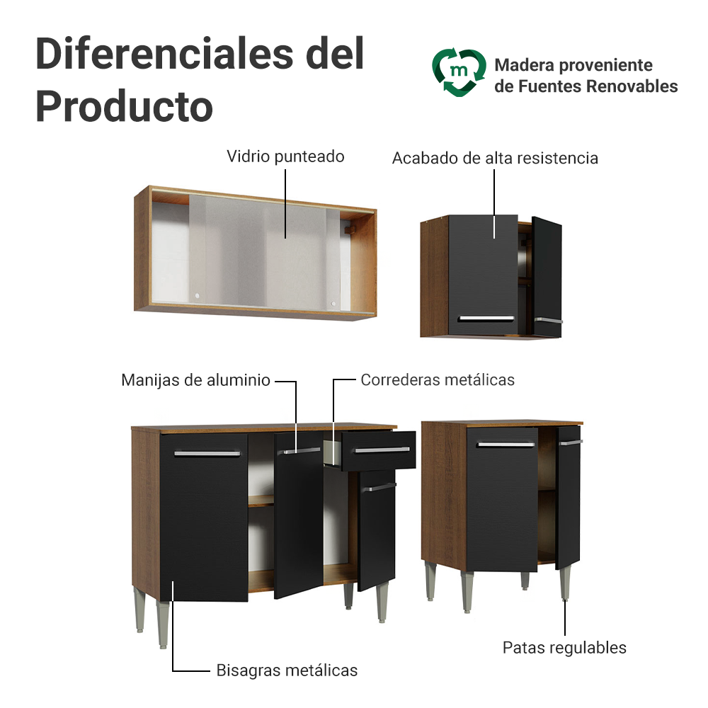 Cocina Integral Emilly 169 cm Box 03 Marrón/Negro Madesa