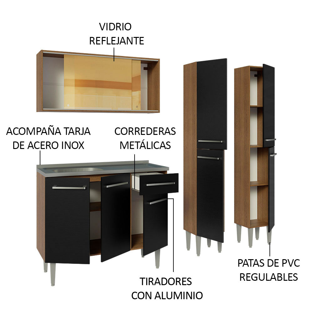 Cocina Integral Emilly 169 cm con Mesón de Acero 12 Marrón/Negro Madesa