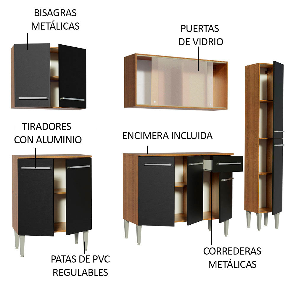 Cocina Integral Emilly 201 cm Fast Marrón/Negro Madesa