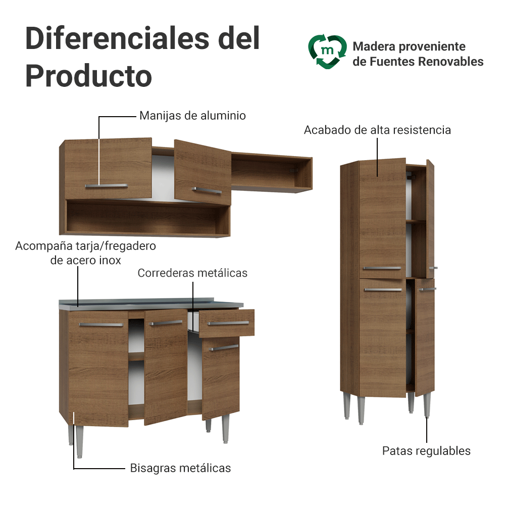 Cocina Integral Emilly 229 cm con Mesón de Acero 10 Marrón Madesa