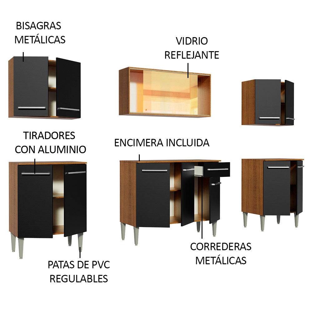 Cocina Integral Emilly 233 cm Fire Marrón/Negro Madesa