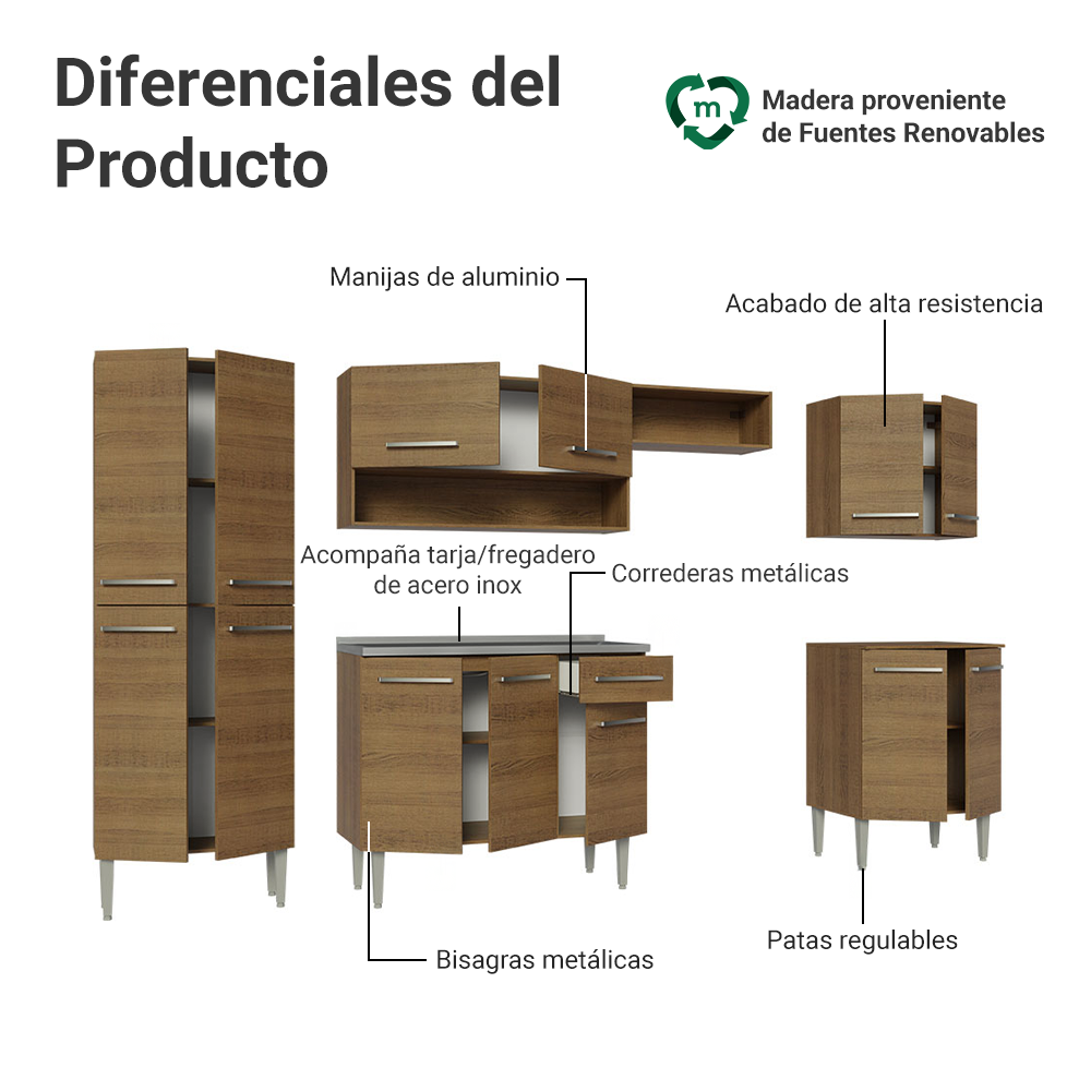 Cocina Integral Emilly 2.90 m con Mesón de Acero Marrón 08