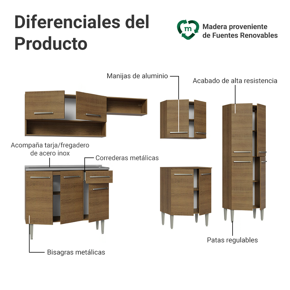 Cocina Integral Emilly 2.90 m con Mesón de Acero Marrón 09