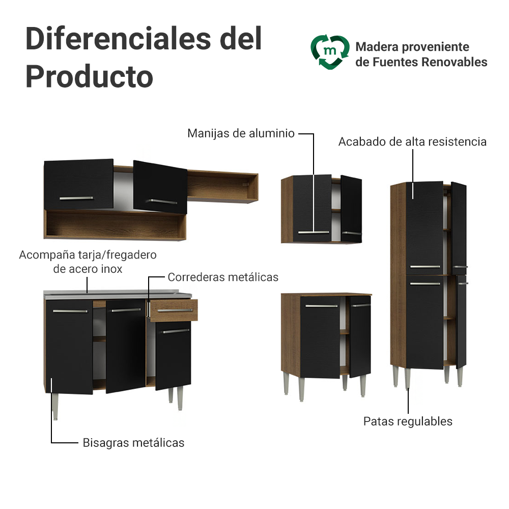 Cocina Integral Emilly 2.90 m con Mesón de Acero Marrón/Negro 09