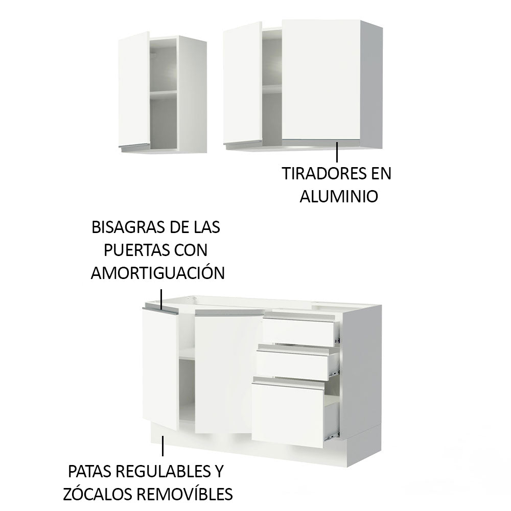 Cocina Integral Glamy 1.20 m con Mesón de Acero Blanco 01