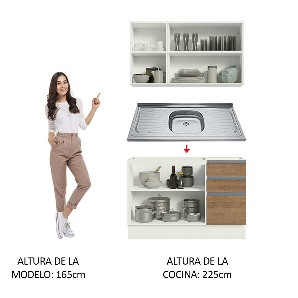 Cocina Integral Glamy 1.20 m con Mesón de Acero Blanco/Marrón 01