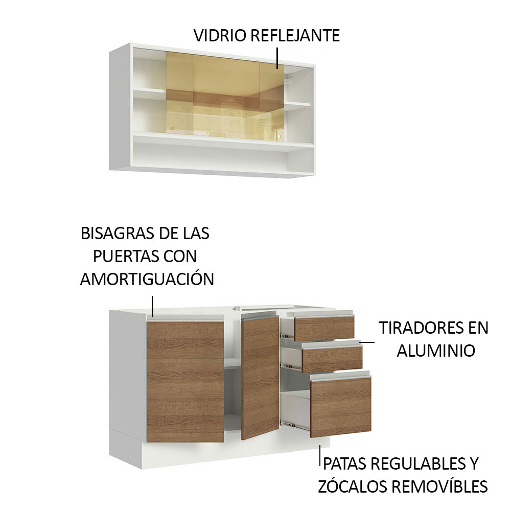 Cocina Integral Glamy 1.20 m con Mesón de Acero Blanco/Marrón 02