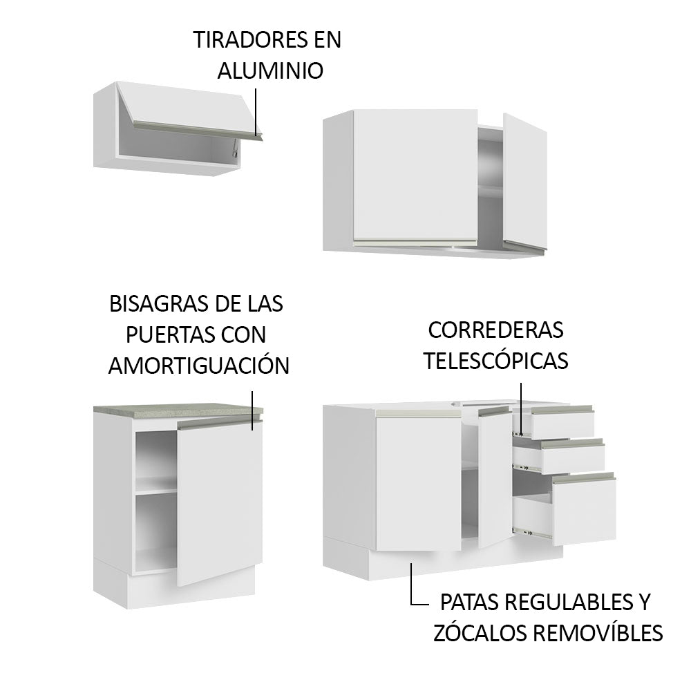 Cocina Integral Glamy 1.80 m con Mesón de Acero Blanco 13