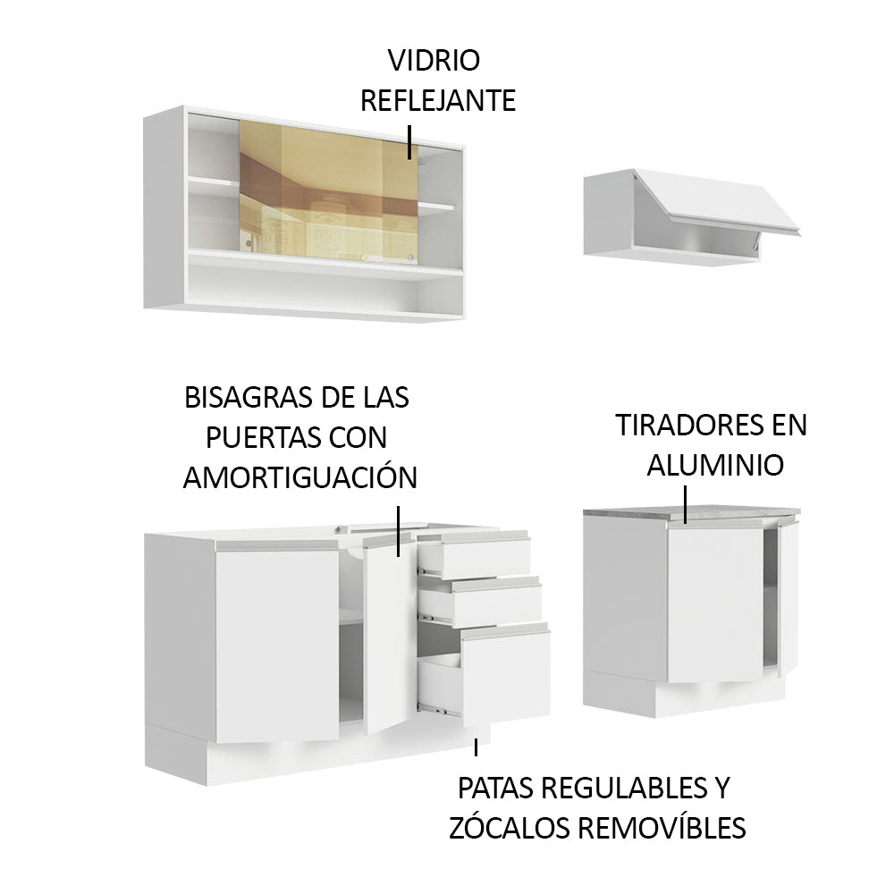Cocina Integral Glamy 2.00 m con Mesón de Acero Blanco 09