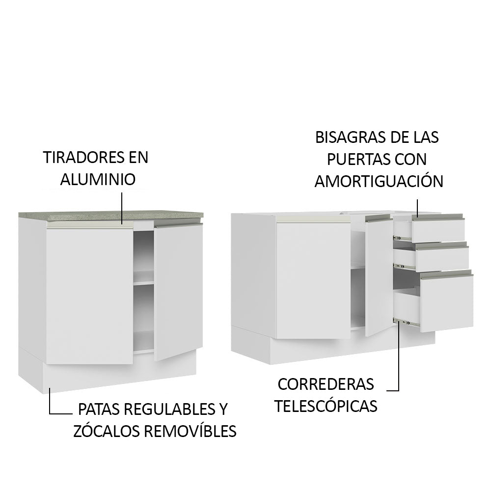 Kit 2 Muebles de Cocina Bajo Glamy 2.00 m con Mesón de Acero