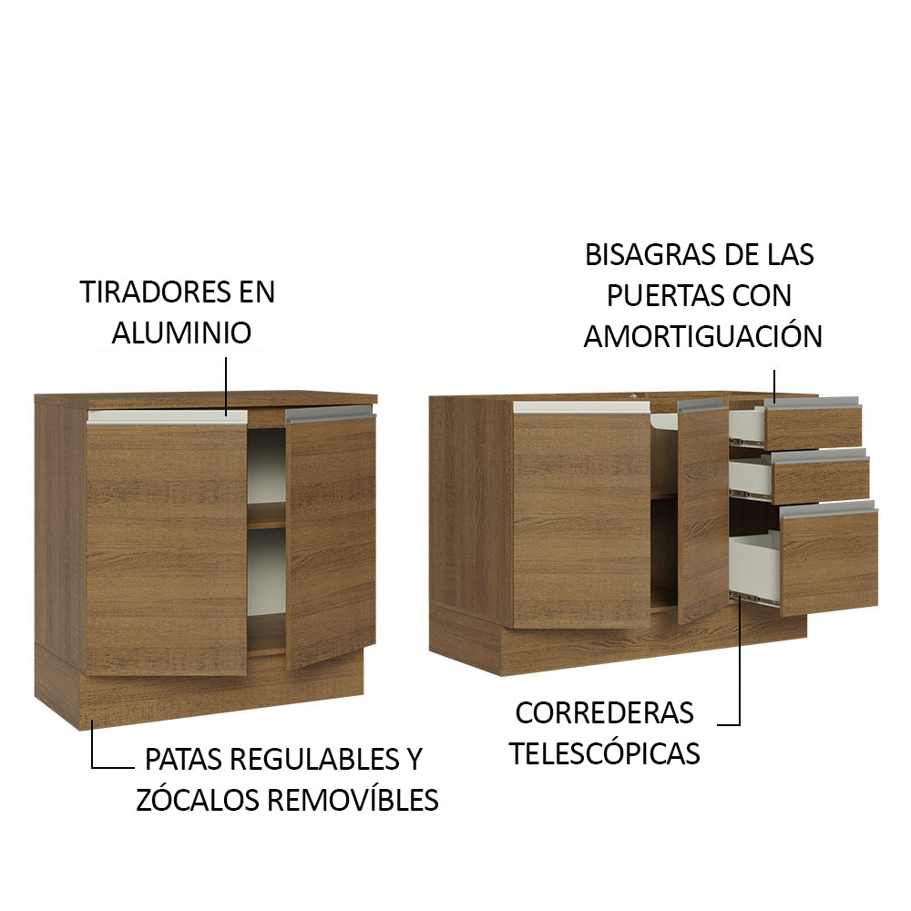 Kit 2 Muebles de Cocina Bajo Glamy 2.00 m con Mesón de Acero Marrón