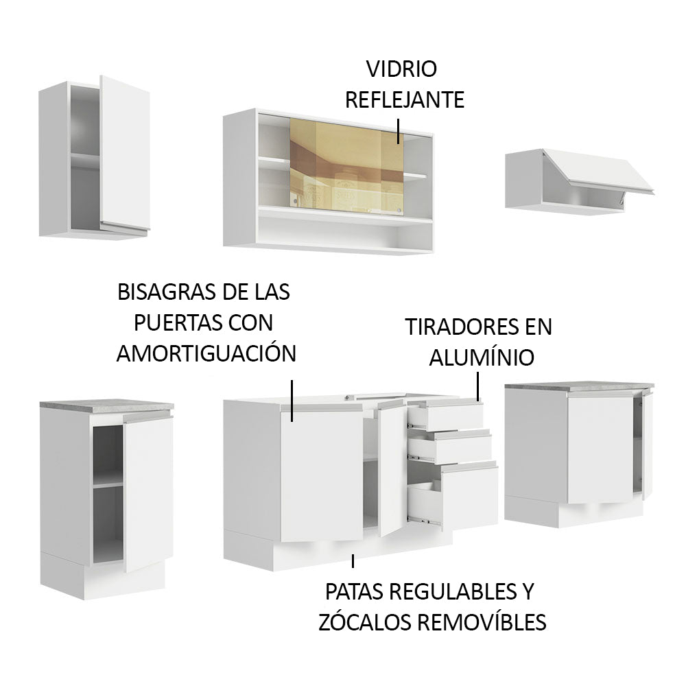 Cocina Integral Glamy 2.40 m con Mesón de Acero Blanco 03