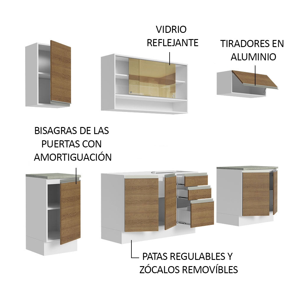 Cocina Integral Glamy 2.40 m con Mesón de Acero Blanco/Marrón 03