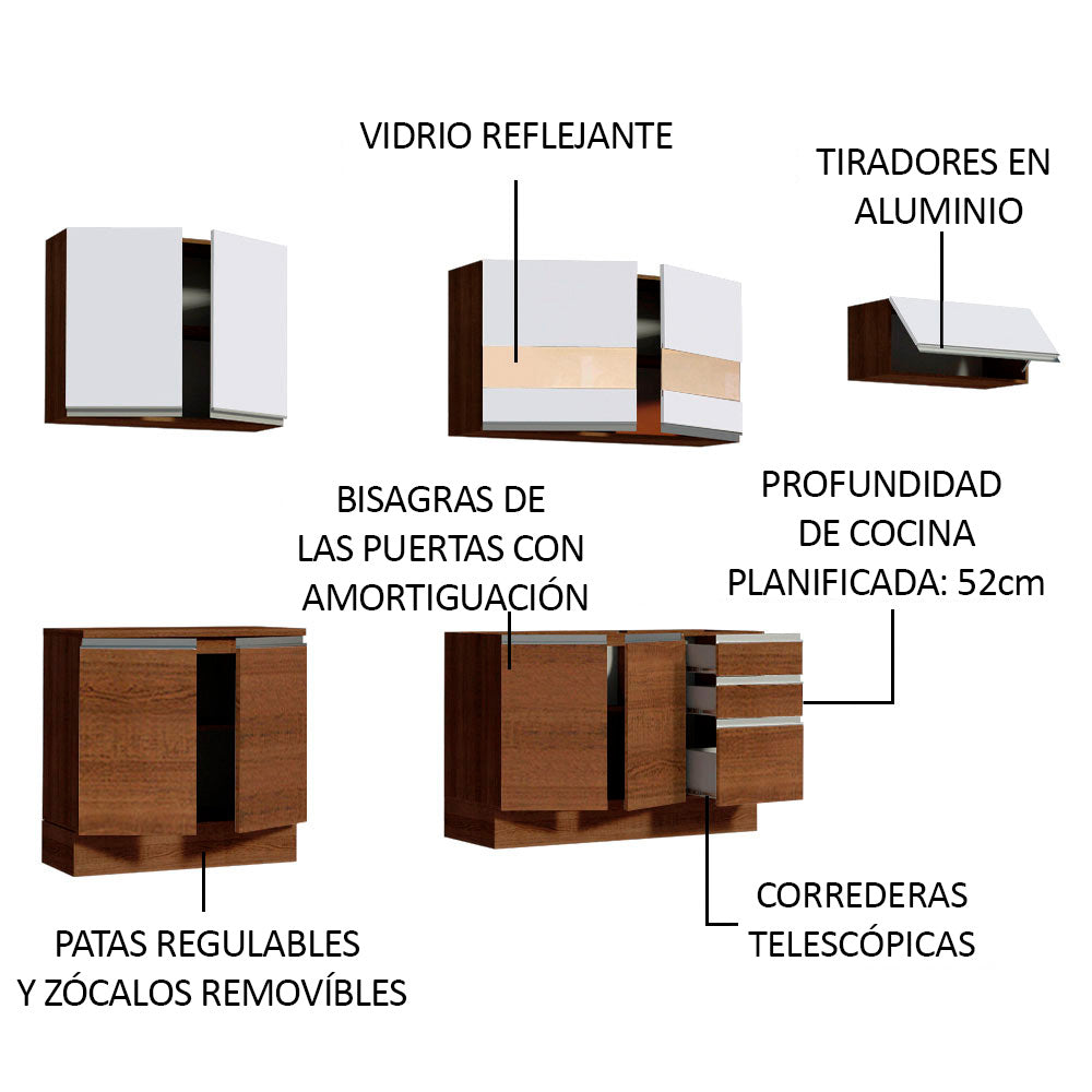 Cocina Integral Marcela 2.80 Metros Marrón/Marrón/Blanco