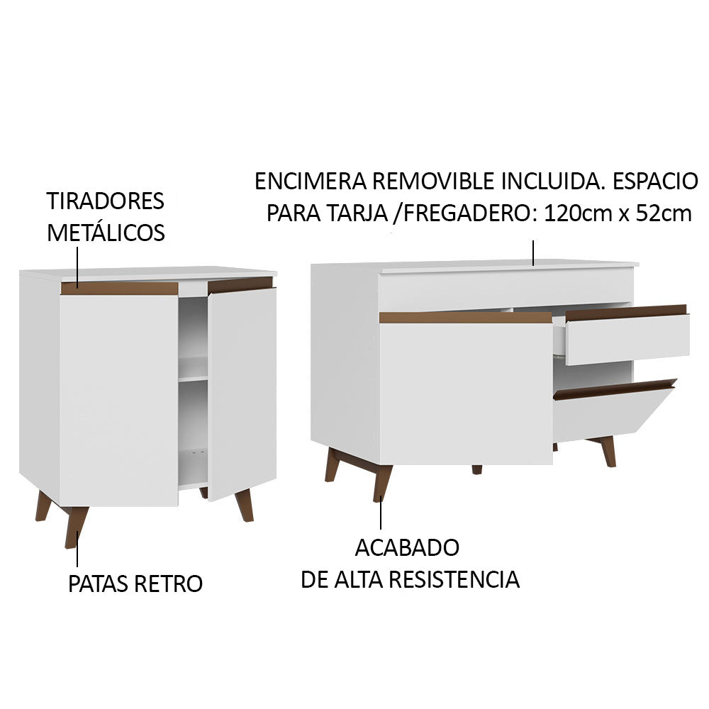 Kit 2 Muebles de Cocina Bajos Reims 1.90 m con Encimera - Blanco