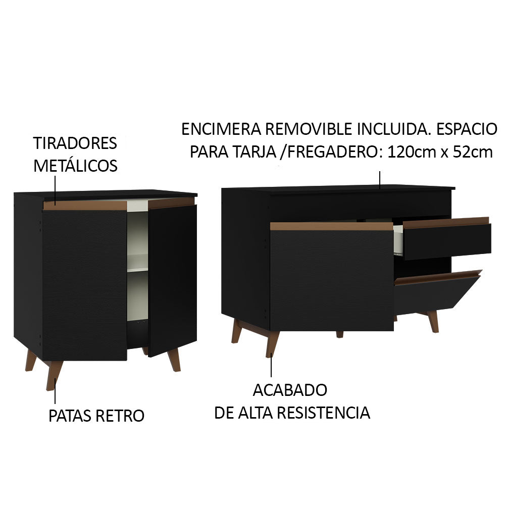 Kit 2 Muebles de Cocina Bajos Reims 1.90 m con Encimera Negro