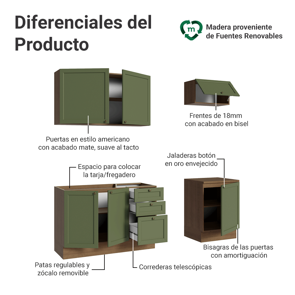 Cocina Integral Vik 1.80 Metros Marrón/Verde 01