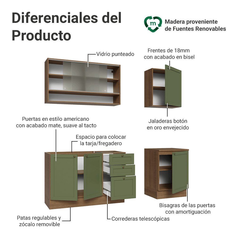 Cocina Integral Vik 1.80 Metros Marrón/Verde 03