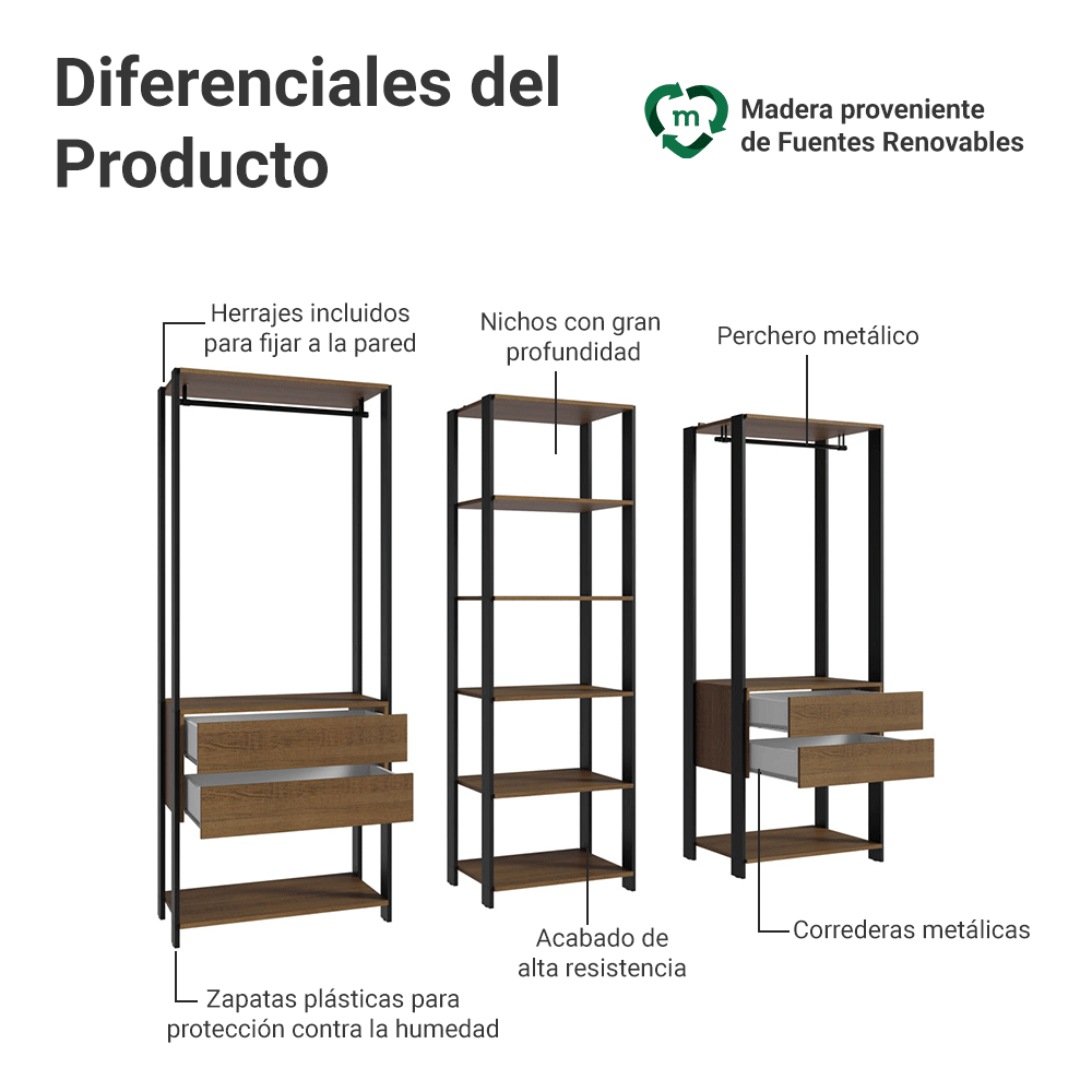 Clóset Modulado Abierto Valencia 180 cm x 199 cm x 45 cm Marrón/Negro 02