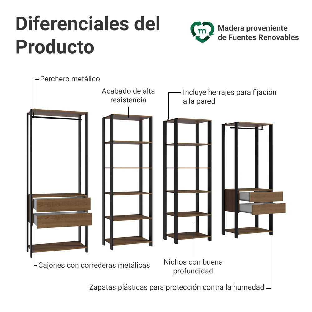 Clóset Modulado Abierto Valencia 4 Cajones 14 Niveles 180 cm x 258 cm x 45 cm Marrón/Negro 02