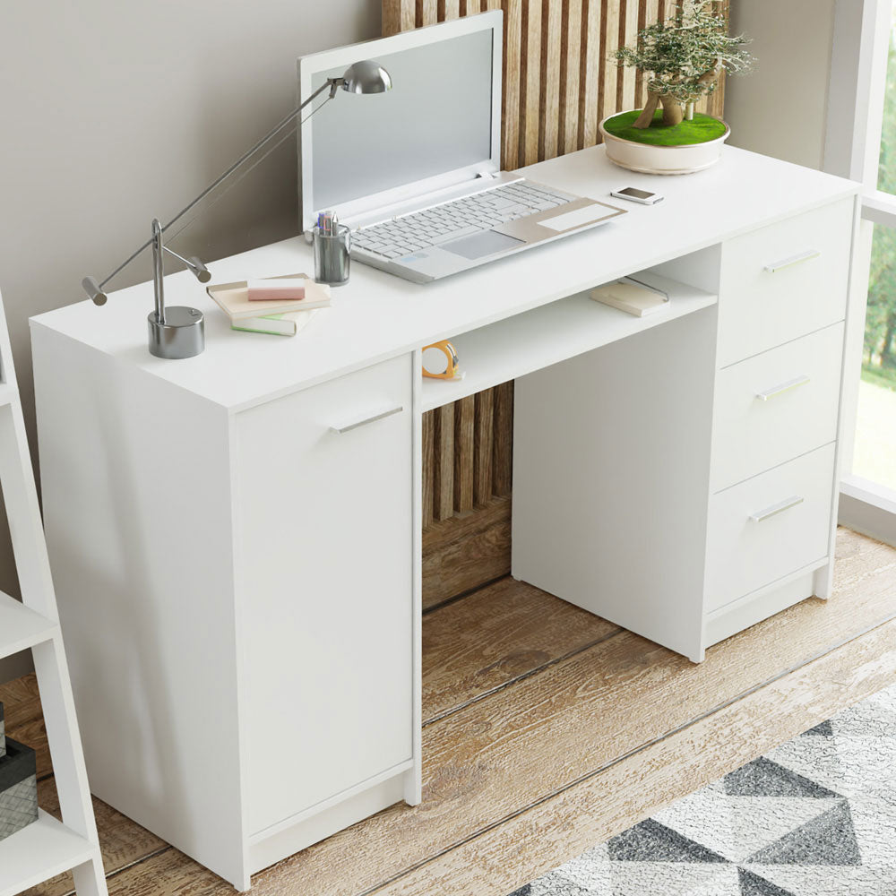 Escritorio de Oficina Alaska 136 cm + Mueble Estante Librero Blanco Madesa