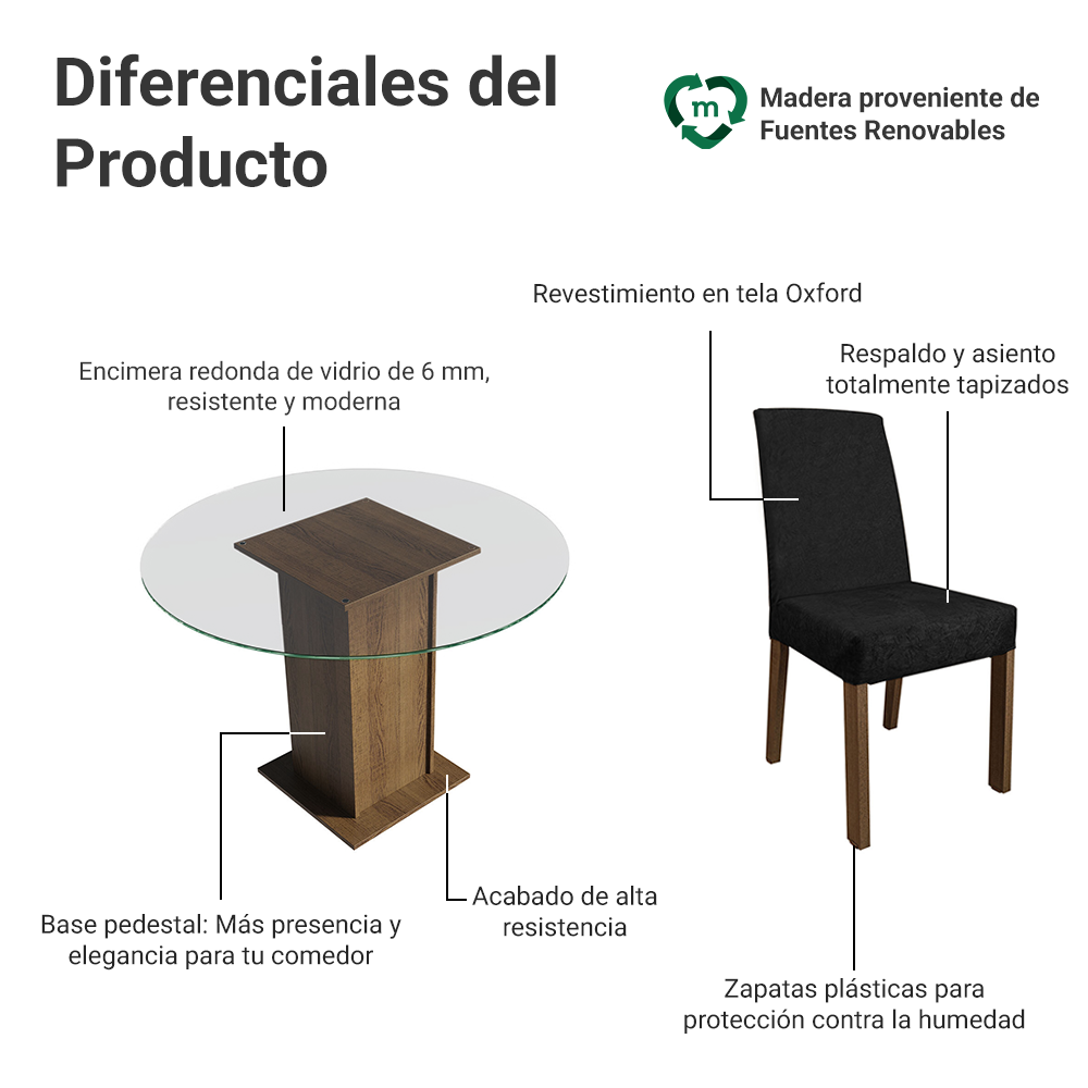 Juego de Comedor Mile con 4 Sillas - Encimera Redonda de Cristal Marrón/Oxford
