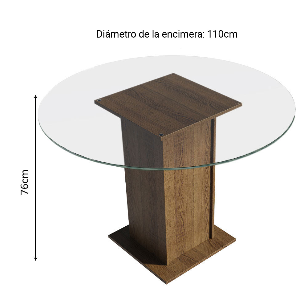 Juego de Comedor Mile con 4 Sillas - Encimera Redonda de Cristal Marrón/Plateado