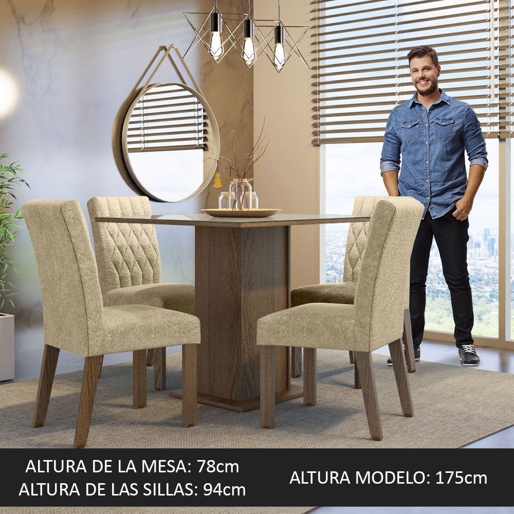 Juego de Comedor Anaju con 4 Sillas - Tablero de Madera y Cristal