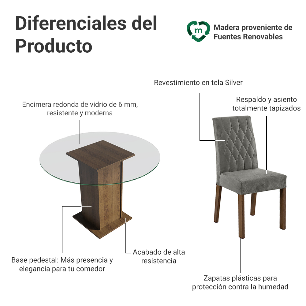 Juego de Comedor Irene con 4 Sillas - Encimera Redonda de Cristal Marrón/Plateado