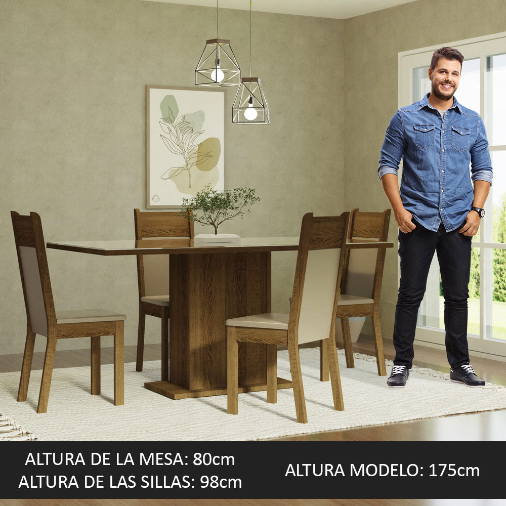 Juego de Comedor Greta con 4 Sillas - Tablero de Madera y Cubierta de Cristal Crema/Marrón/Beige